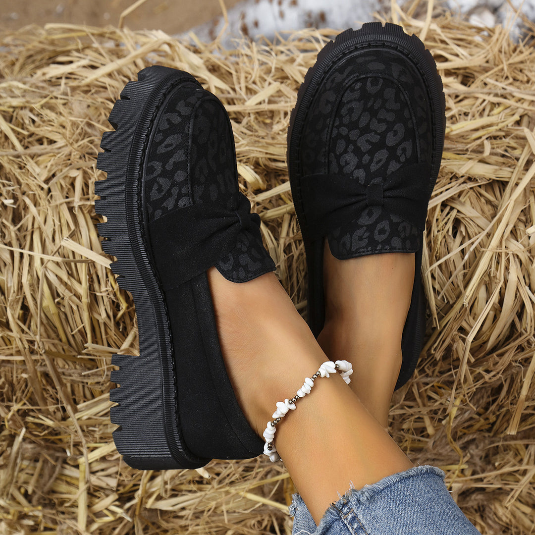 Damen Klobiger Loafer mit dekorativer Knotenschleife und Leoparden‑Spitze Drune