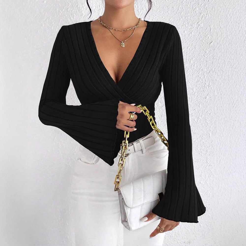 Damen elegantes Wickeloberteil mit Rippstrick und gedrilltem Design Drune
