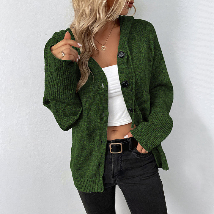 Damen elegante Strickjacke mit Kapuze und Knöpfen