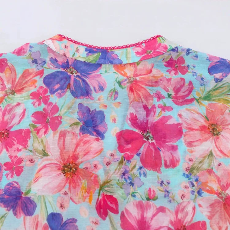 Damen Oversize‑Bluse mit leuchtendem Blumenprint, kastiger Silhouette und dreiviertelärmeln Drune
