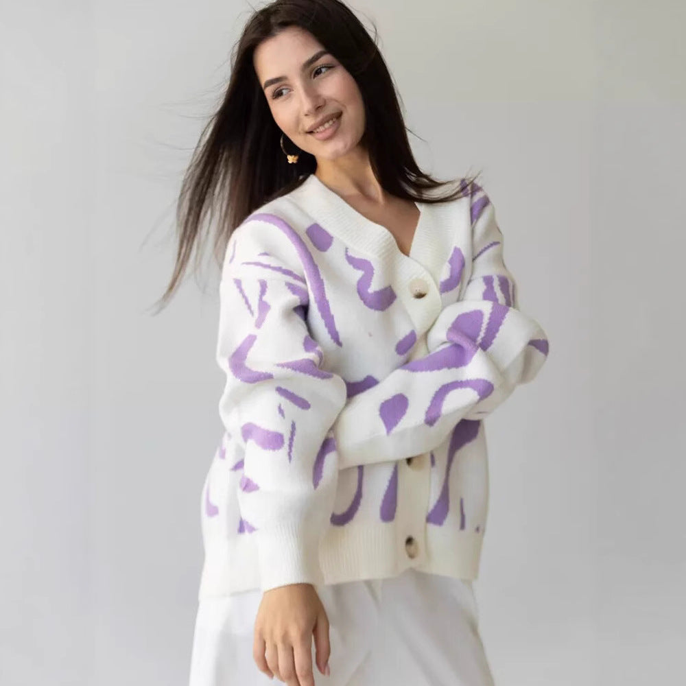 Damen weicher Strickcardigan mit modernem grafischen Muster Drune