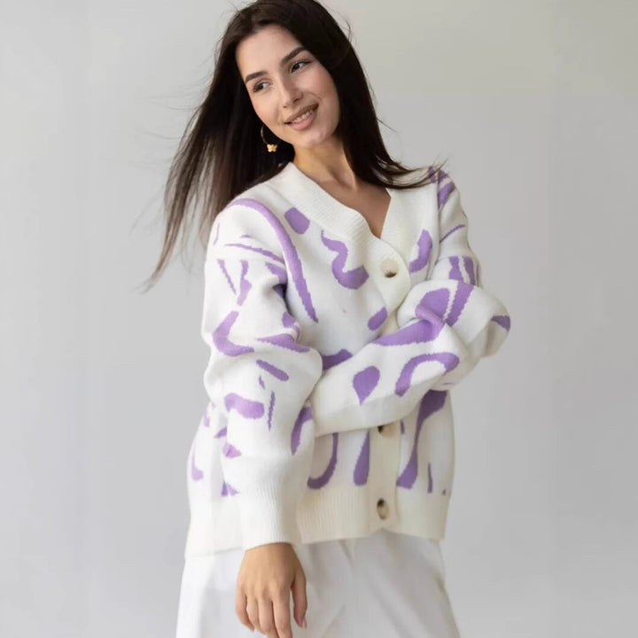 Damen weicher Strickcardigan mit modernem grafischen Muster Drune