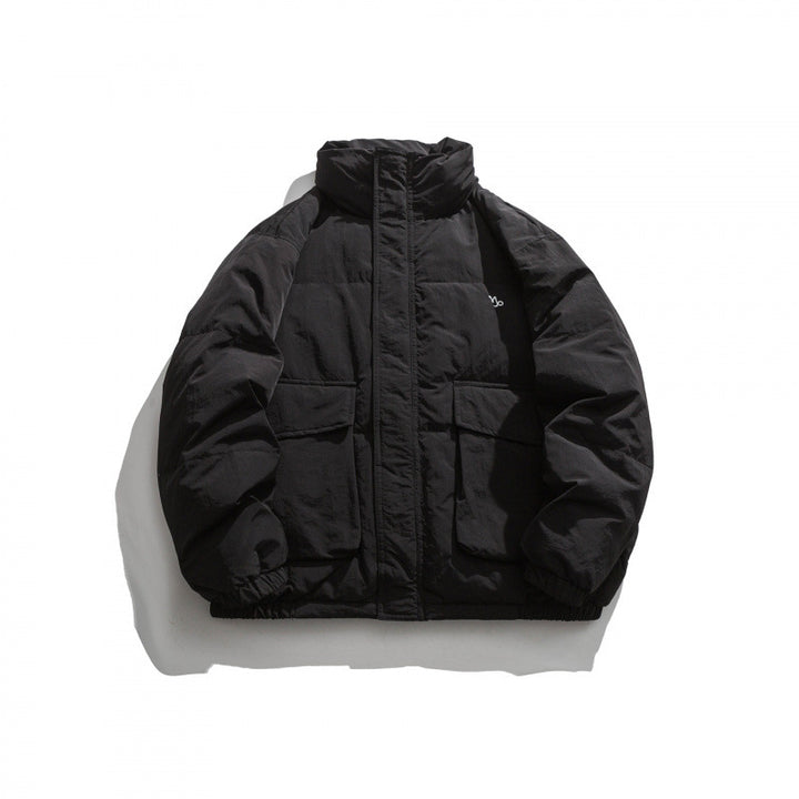 Unisex Oversize wattierte Steppjacke mit hohem Stehkragen, großen Pattentaschen und Crinkle-Effekt Drune