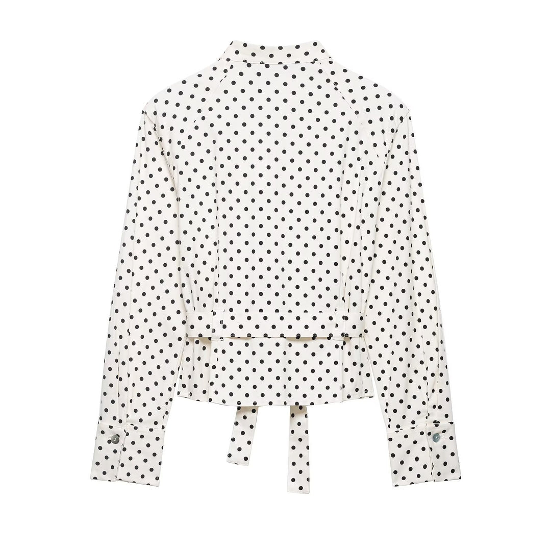 Damen Taillierte Blusenjacke mit Stehkragen, Bindegürtel und Punkteprint Drune