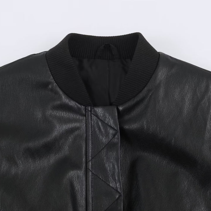 Damen Kunstleder-Bomberjacke im Cropped-Design mit Rippbündchen Drune