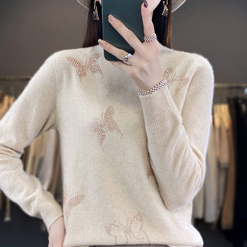 Damen Stehkragen-Feinstrickpullover mit Strass-Schmetterlingsapplikation Drune