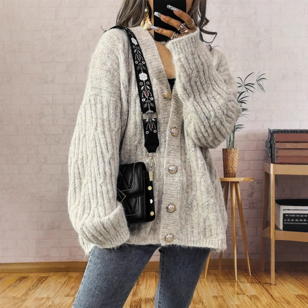 Damen Grobstrickjacke mit modischen Knöpfen und lässigem Schnitt Drune