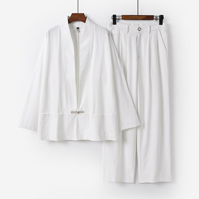Damen Kimono-Lounge-Set aus leichtem Viskose-Leinen mit dekorativem Knebelverschluss und weiter Bundhose Drune