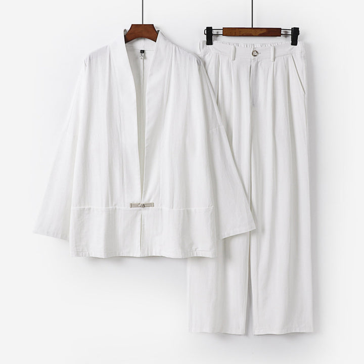 Damen Kimono-Lounge-Set aus leichtem Viskose-Leinen mit dekorativem Knebelverschluss und weiter Bundhose Drune