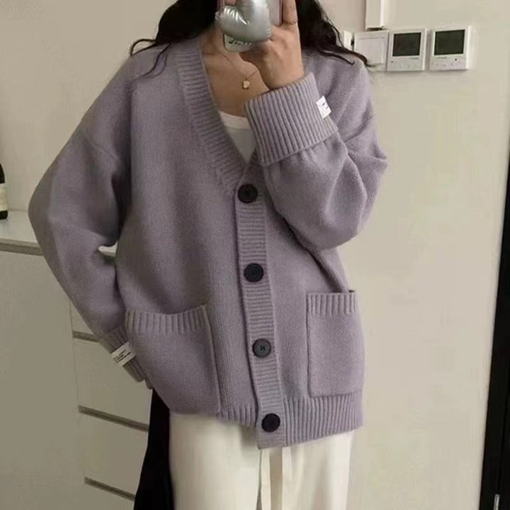Damen Grob gestrickter Cardigan mit großen Taschen und tiefem V-Ausschnitt Drune
