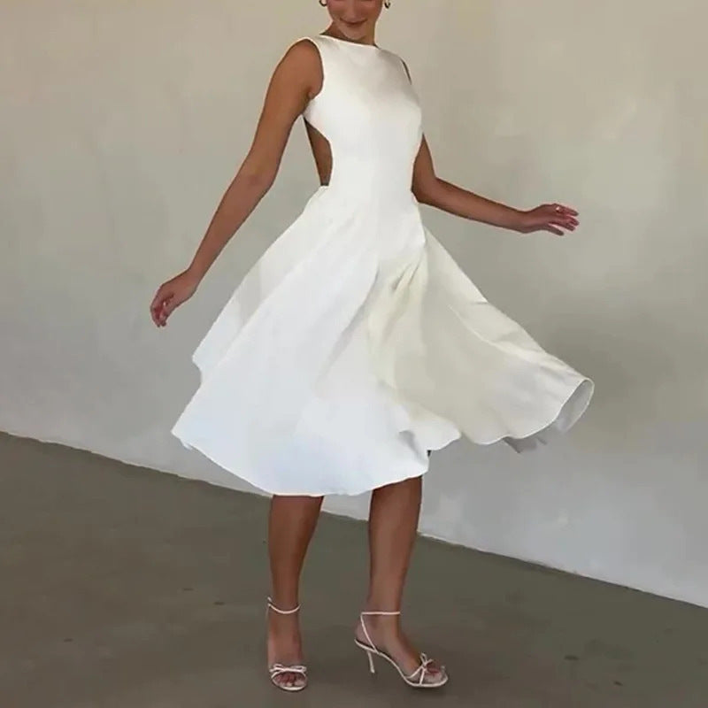 Damen Elegantes Midi-Kleid mit tailliertem Oberteil und schwingendem Rock Drune