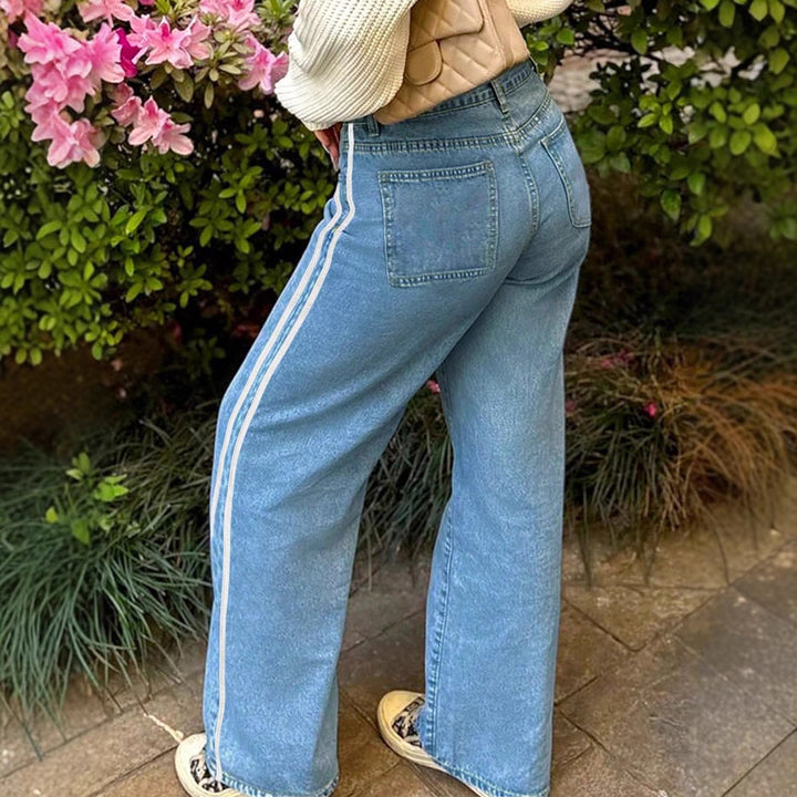 Damen weite Denim-Jeanshose mit sportivem Seitenstreifen Drune