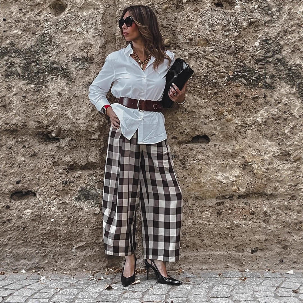 Damen Karo-Hochtaillierte Palazzo-Hose mit weitem Bein & Bundfalten Drune