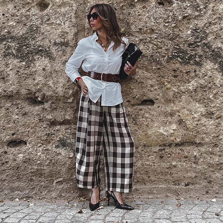 Damen Karo-Hochtaillierte Palazzo-Hose mit weitem Bein & Bundfalten Drune