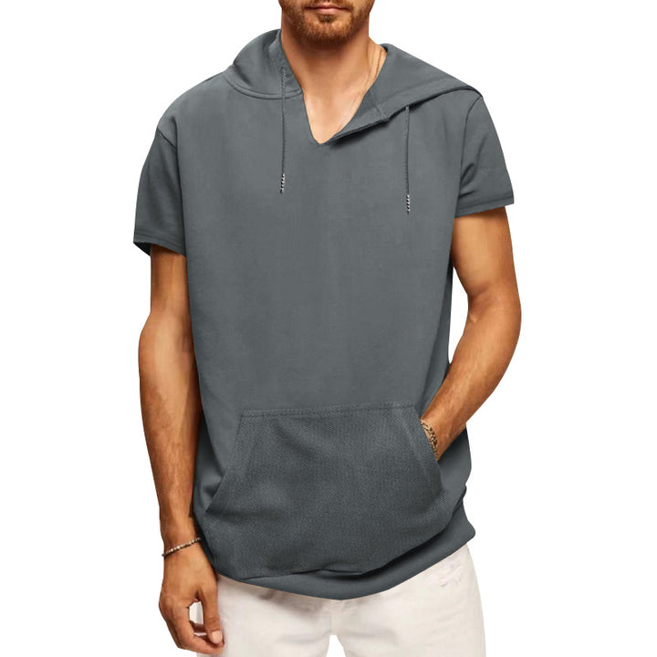 Herren nan lässiges kurzärmeliges Kapuzen-Shirt im weiten Schnitt mit Kängurutasche und Kordelzug Drune