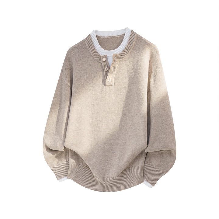 Unisex Oversize Strickpullover mit Henley-Knopfleiste und kontrastiertem Innenkragen Drune