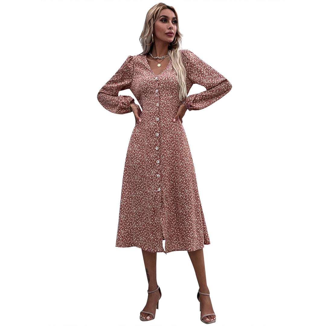 Damen Midi-Kleid mit floralem Musterdruck und elegantem Knopfdesign Drune