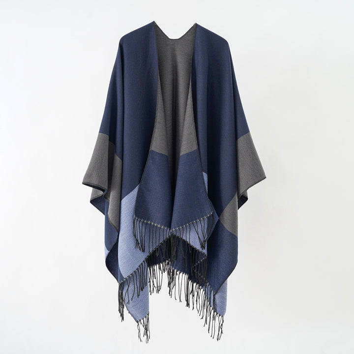 Damen Oversize-Ruana aus Wollmix mit Farbblock‑Design und Fransen Drune