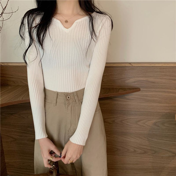Damen V-förmiger Feinstrickpullover mit Rippstruktur Drune