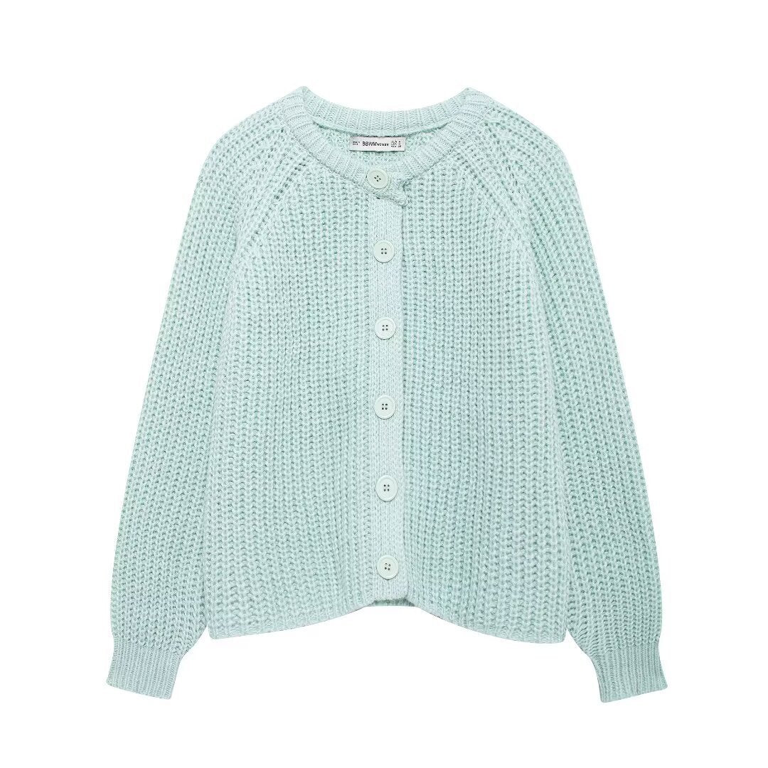 Damen nan grob gestrickte Raglan-Cardigan mit Ballonärmeln und durchgehender Knopfleiste Drune