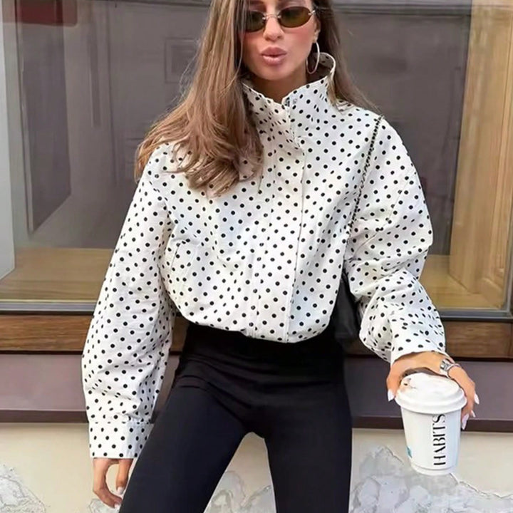 Damen Polka‑Dot Stehkragen‑Bluse mit oversized Ballonärmeln Drune