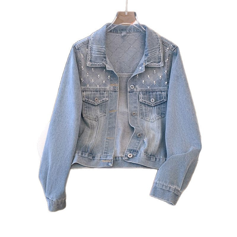 Damen modische Jeansjacke mit glamourösen Perlendetails Drune