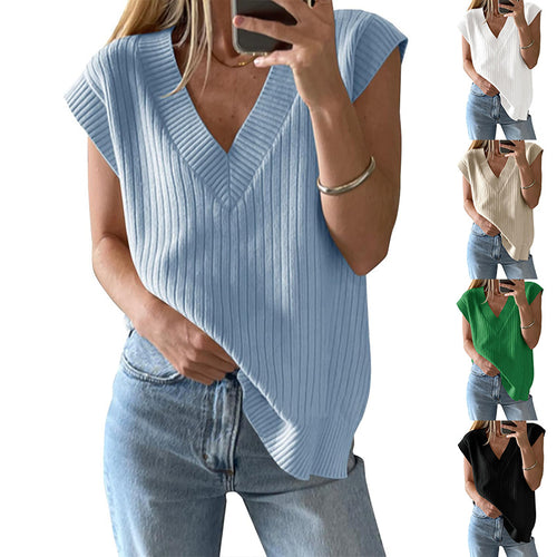 Damen lässiges V-Ausschnitt Oberteil aus Rippstrickmaterial Drune