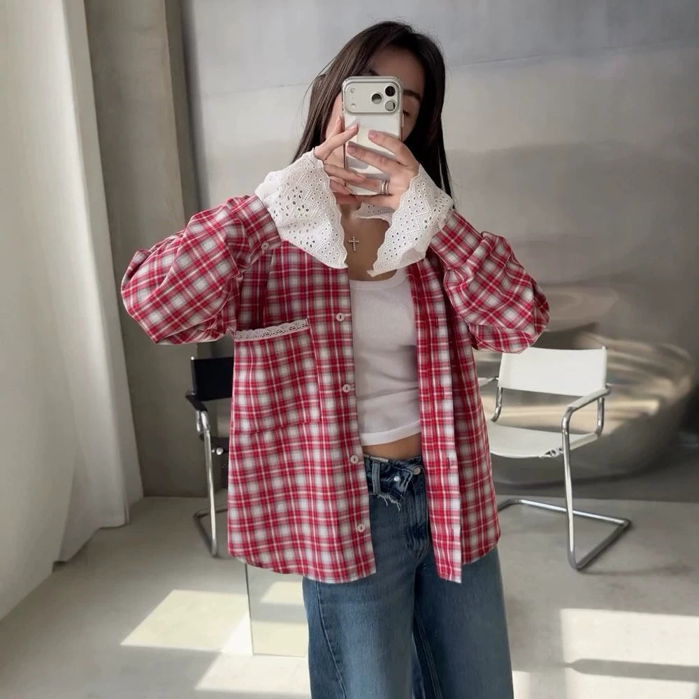 Damen Oversize-kariertes Flanellhemd mit Spitzenmanschetten und Zierpaspel Drune