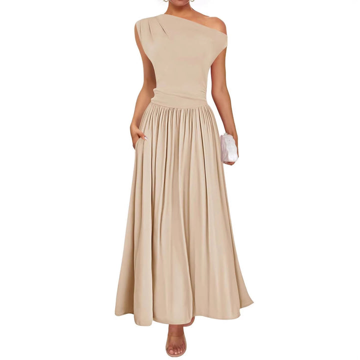 Damen Asymmetrisches Maxikleid mit One-Shoulder, Taillenbetonung und Seitentaschen Drune