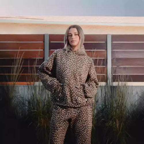 Frauen Freizeit Leopard Print Lounge Set mit Kapuzenpullover und Jogginghose Drune