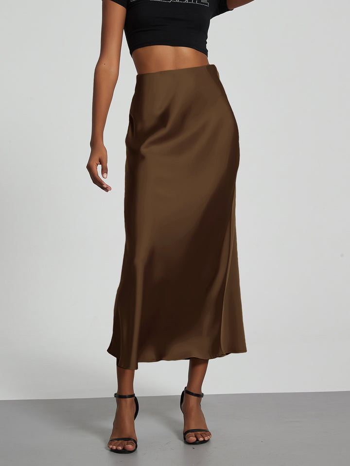 Damen Stilvolle Satin-Stretchrock mit hohem Bund und fließendem Schnitt Drune