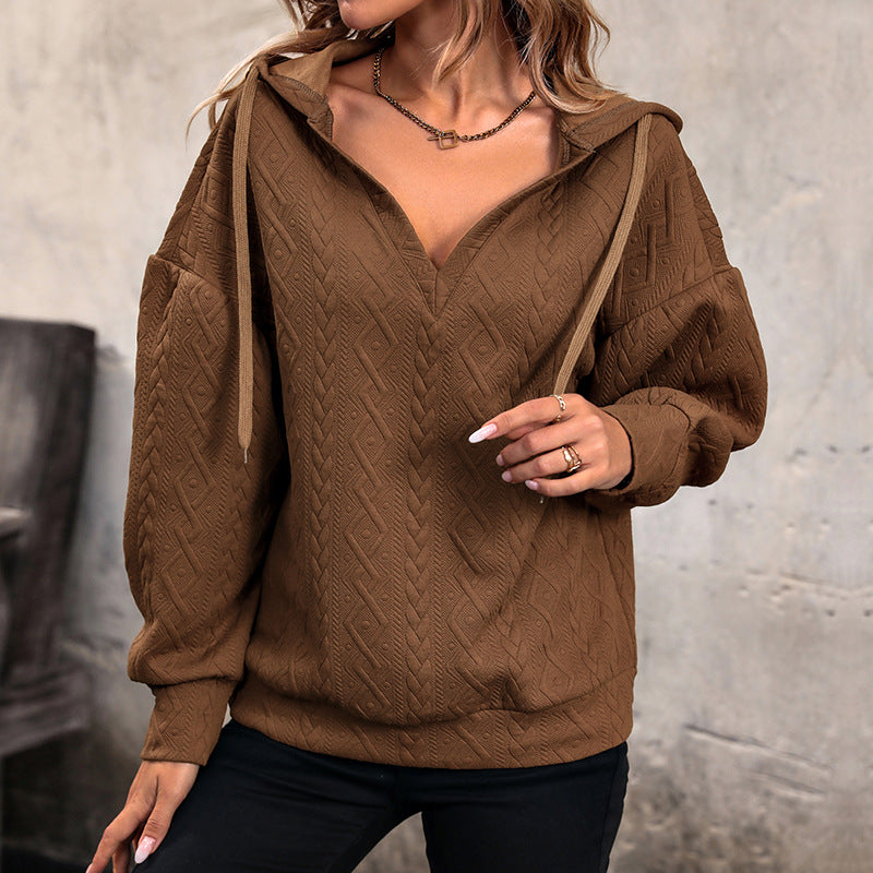 Damen Strukturiertes Zopfmuster-Kapuzen-Sweatshirt mit V-Ausschnitt und Ballonärmeln Drune