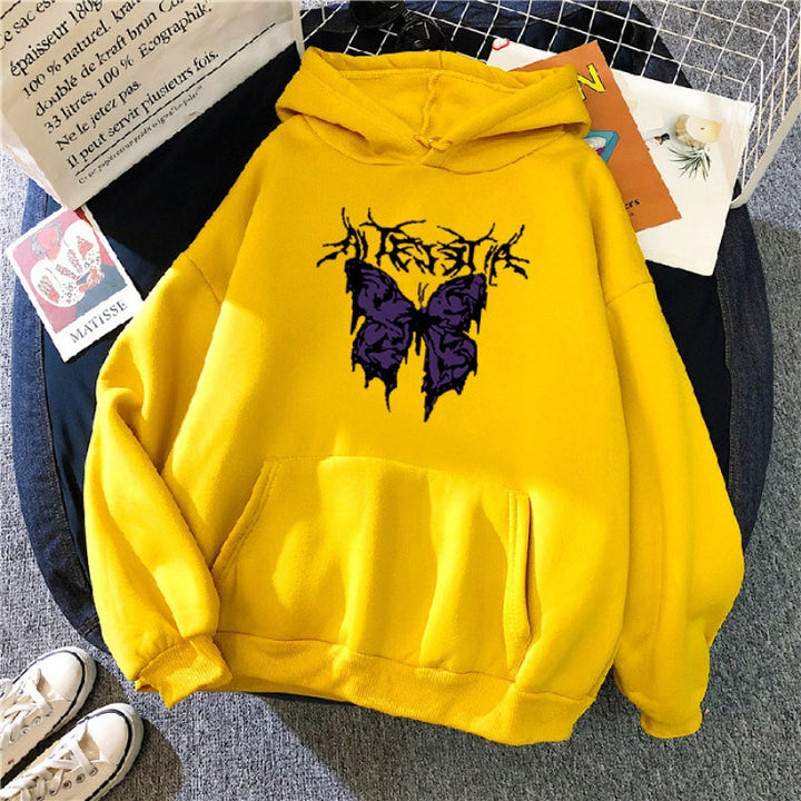 Damen nan Oversize-Kapuzenpullover mit gothischer Schmetterlings-Illustration und Kängurutasche Drune