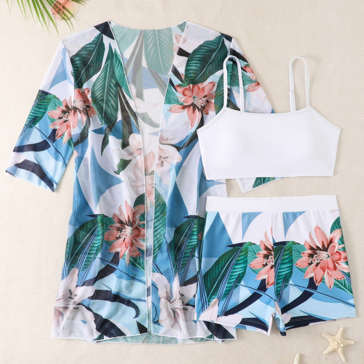 Damen Bademode-Set mit floralem Musterdruck und luftiger Wickeljacke Drune