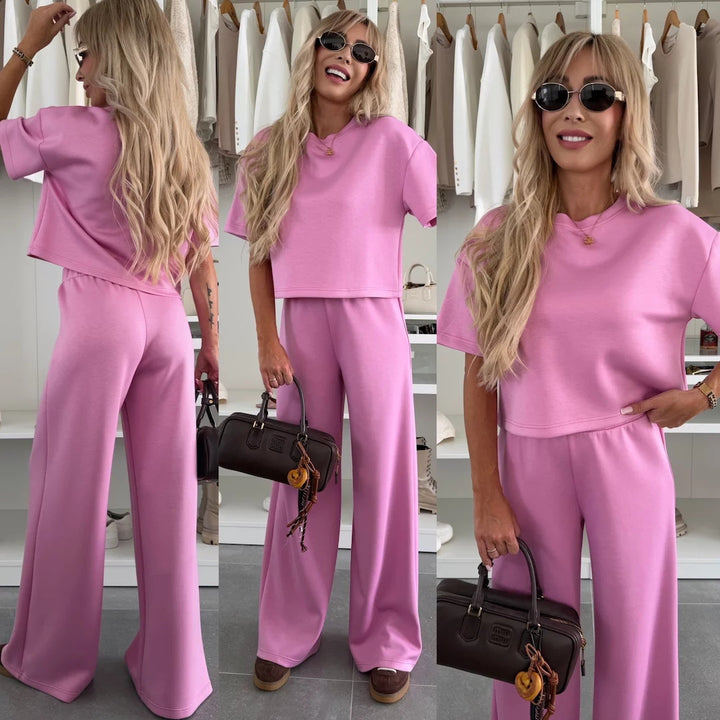 Damen Loungewear-Zweiteiler mit Cropped-Boxy-Shirt und fließender High-Waist Palazzo-Hose Drune