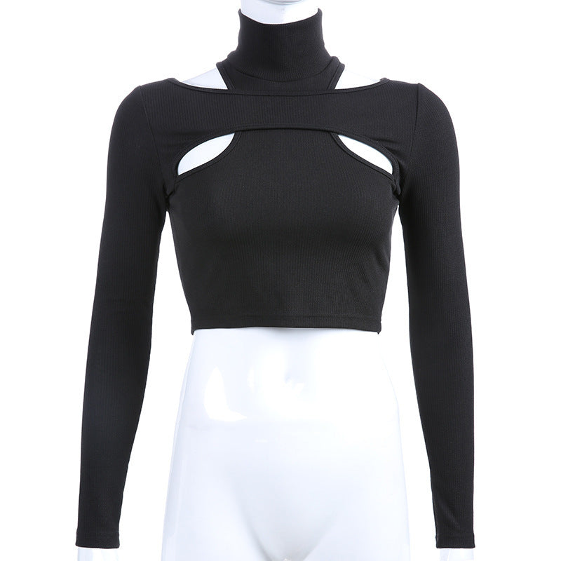 Damen trendiges Oberteil mit Cut-Outs und hohem Kragen Drune