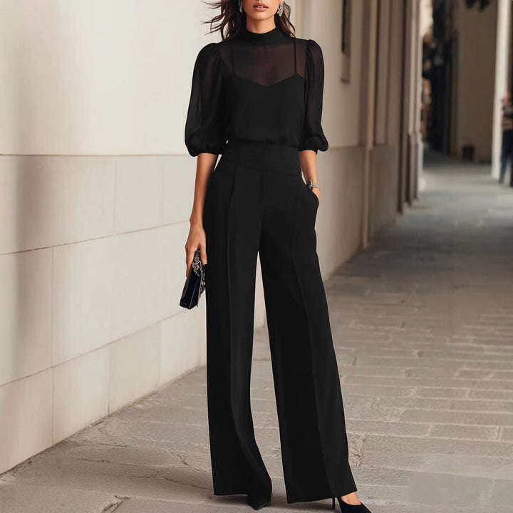 Damen elegantes Blusenset mit weiten Beinen und transparenten Ärmeln Drune