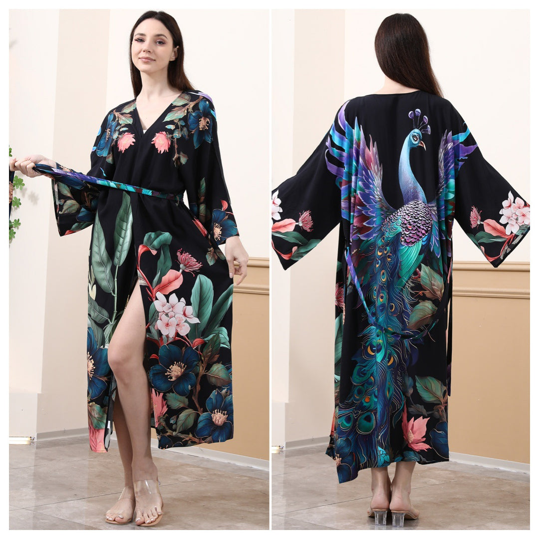 Damen Kimono mit buntem Pfauenmotiv und weitem Schnitt Drune