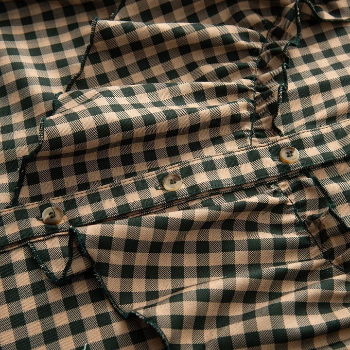 Damen Karierte Rüschenbluse mit Stehkragen und Volantdetails Drune