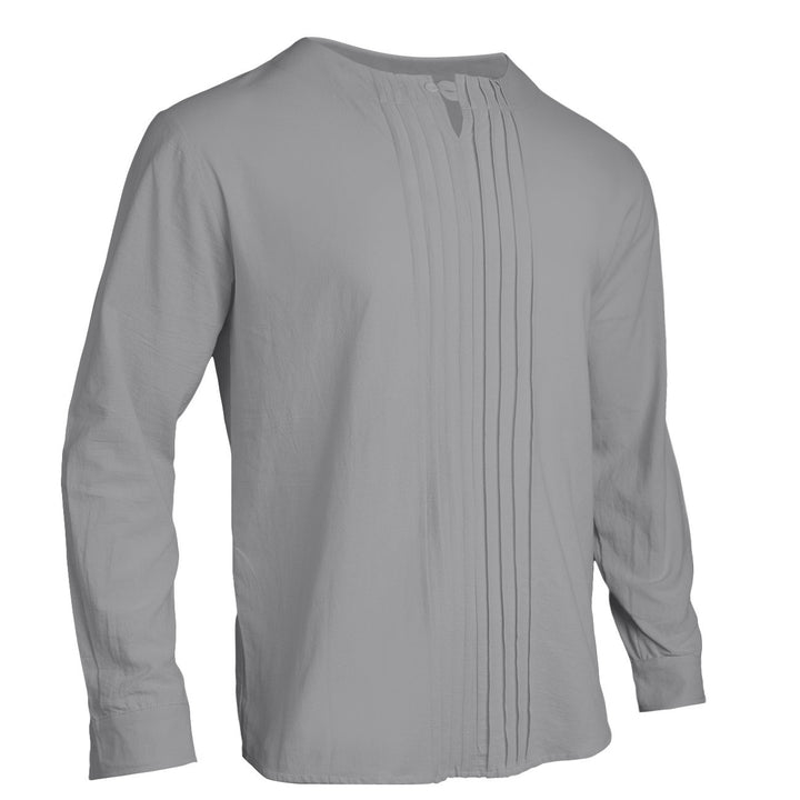 Herren Leichtes Langarmshirt im Leinenlook mit Stehkragen, Kellerfalten und Schlaufenverschluss Drune