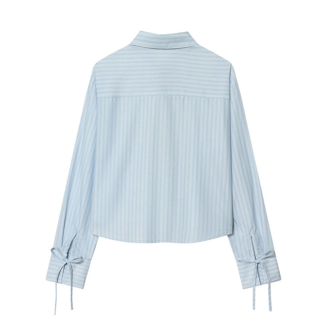 Damen nan gestreifte Bluse mit Krawatten-Front, Hemdkragen und weitem Manschettenärmel Drune