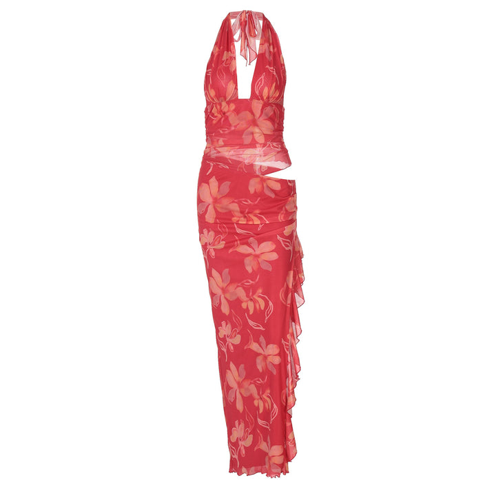Damen Elegantes Maxikleid mit offenem Rücken und floralen Akzenten Drune