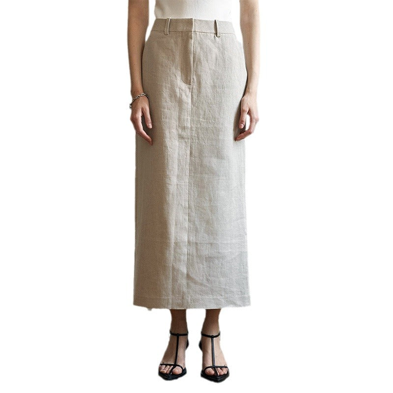Damen Leinen Maxi-Rock mit hoher Taille und eleganten Bügelfalten Drune