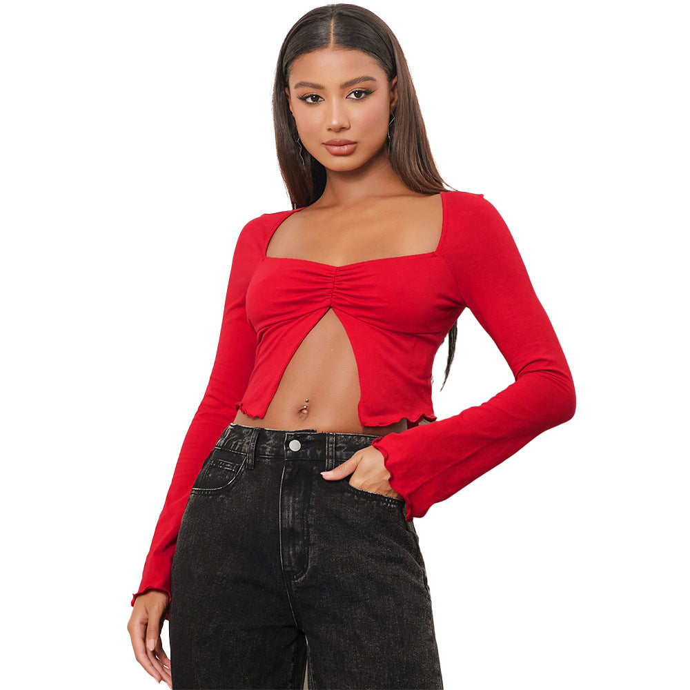 Damen Crop-Shirt mit charmanten Raffungselementen und langen Ärmeln Drune