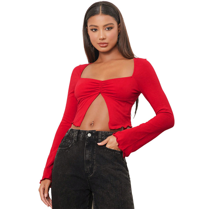 Damen Crop-Shirt mit charmanten Raffungselementen und langen Ärmeln Drune