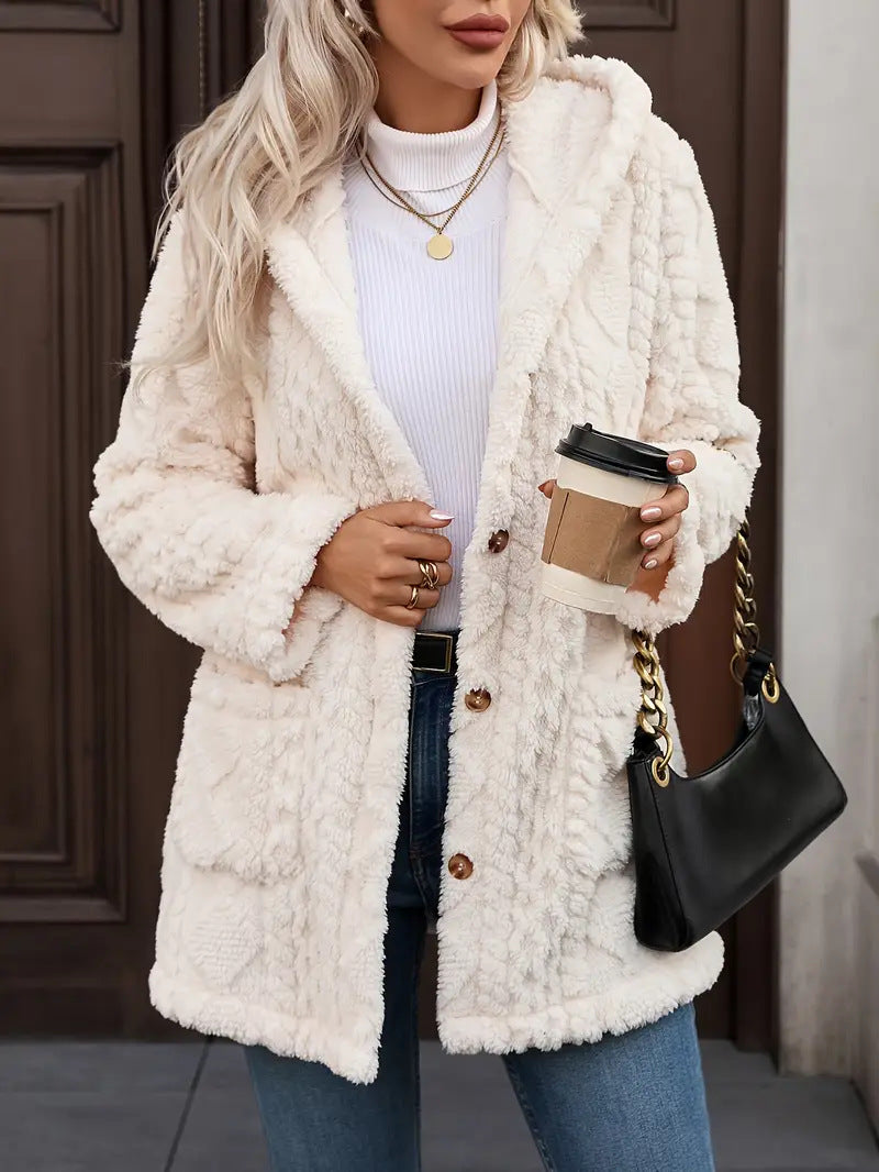 Damen angenehme und weiche Plüschjacke mit Kapuze und Taschen Drune
