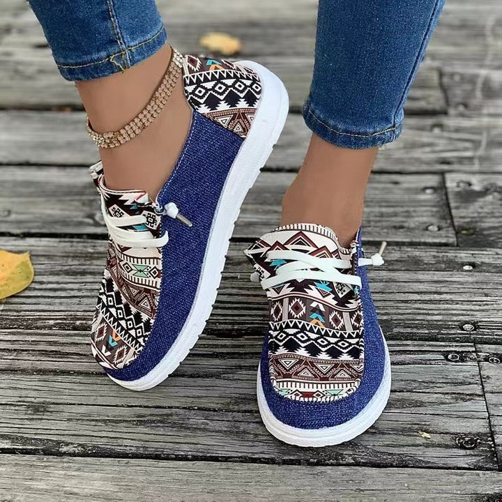 Damen Aztekische Slip-On Sneakers mit Strickoberteil und Mokassin-Naht Drune