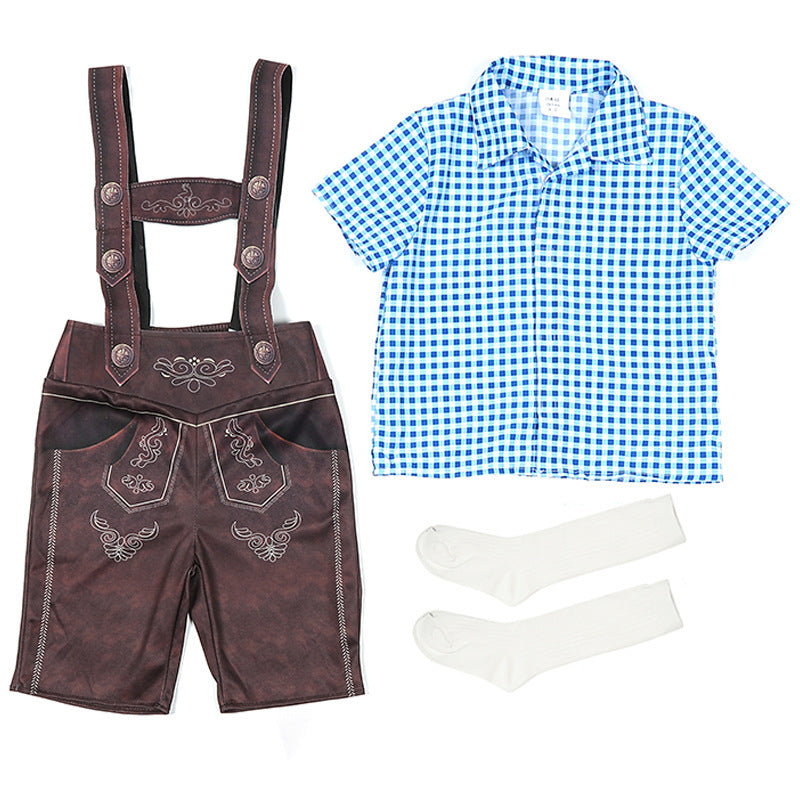 Damen nan traditionelle Trachtenlederhose mit verstellbaren Trägern und kariertem Blusen-Set Drune