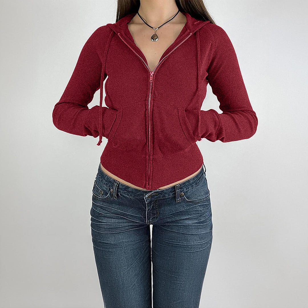 Damen nan schmal geschnittene Feinstrick-Hoodiejacke mit Metallzipper, Kängurutaschen und Daumenlochbündchen Drune