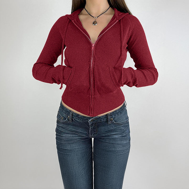 Damen nan schmal geschnittene Feinstrick-Hoodiejacke mit Metallzipper, Kängurutaschen und Daumenlochbündchen Drune